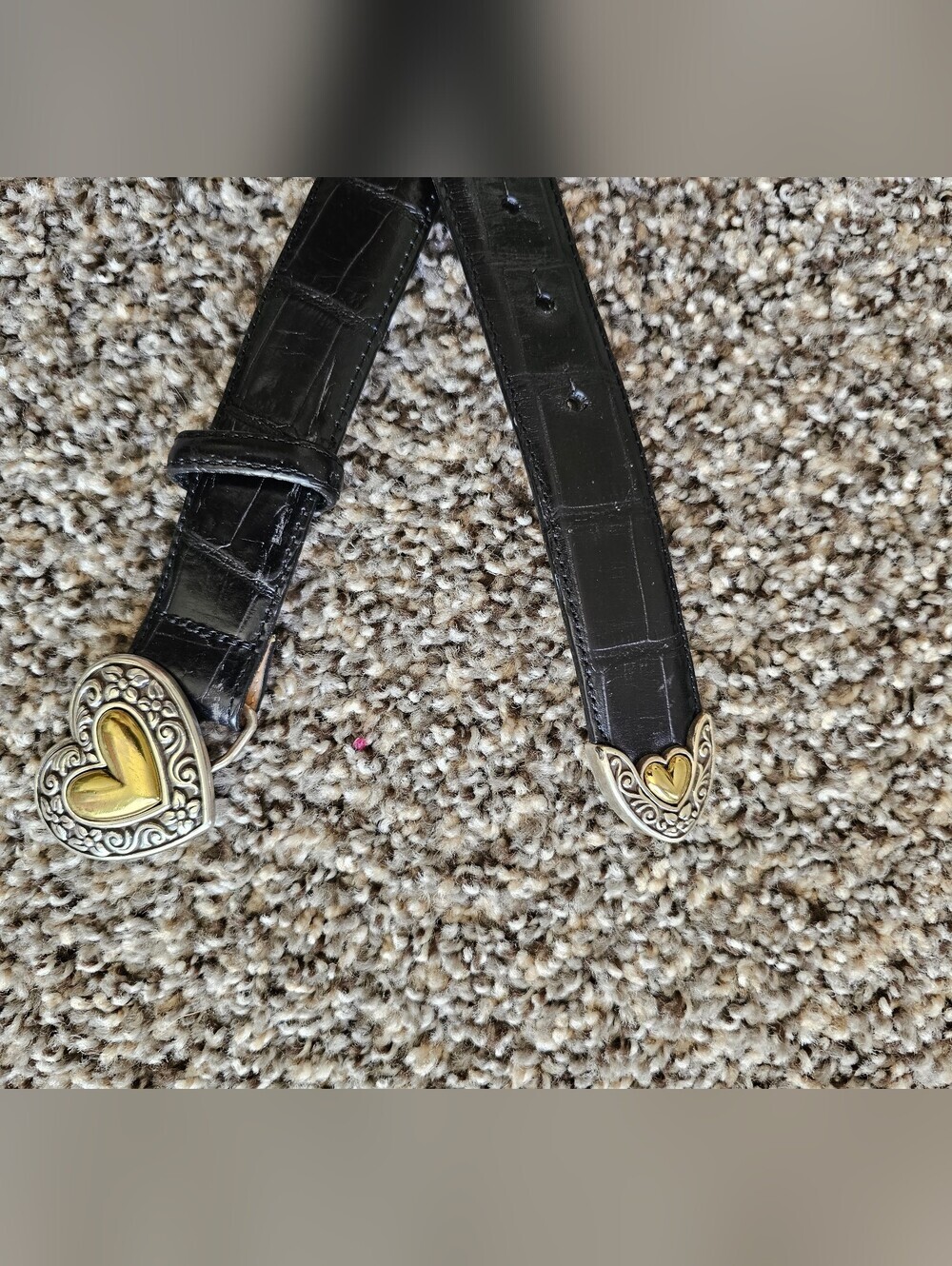 Black Croc-Embossed Leather Belt with Gold Heart Accent